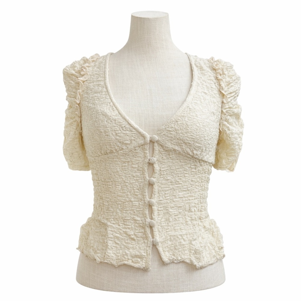 NWT Urban Outfitters Cream Smocked Button-Front Puff Sleeve Blouse Top |Size Sm